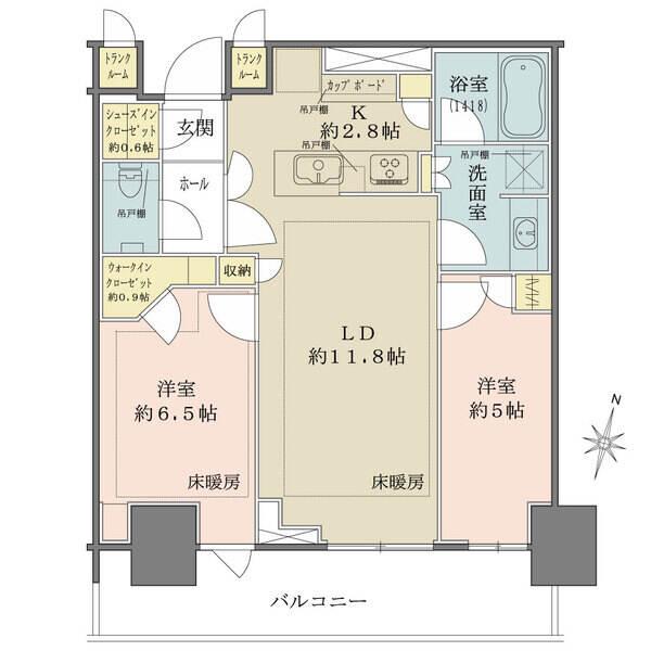15階南向きにつき眺望、陽當たり良好／トランクルーム、ウォークインクローゼット、造り付け食器棚あり