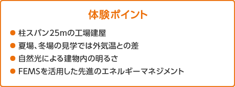 體験ポイント ●柱スパン25mの工場建屋 ●夏場、冬場の見學では外気溫との差 ●自然光による建物內の明るさ ●FEMSを活用した先進のエネルギーマネジメント