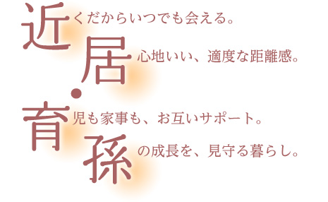 近…近くだからいつでも會(huì)える。居…居心地いい、適度な距離感。育…育児も家事も、お互いサポート。孫…孫の成長(zhǎng)を、見(jiàn)守る暮らし。