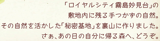 「ロイヤルシティ霧島妙見臺」の敷地內に殘る手つかずの自然。その自然を活かした「秘密基地」を裏山に作りました。さあ、あの日の自分に帰る森へ、どうぞ。