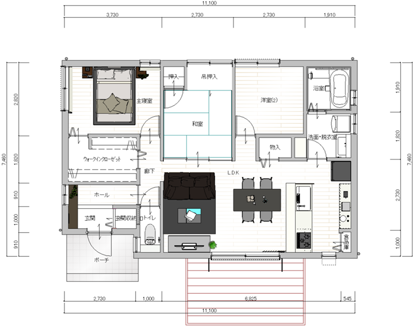 3LDKの平屋の間取り例