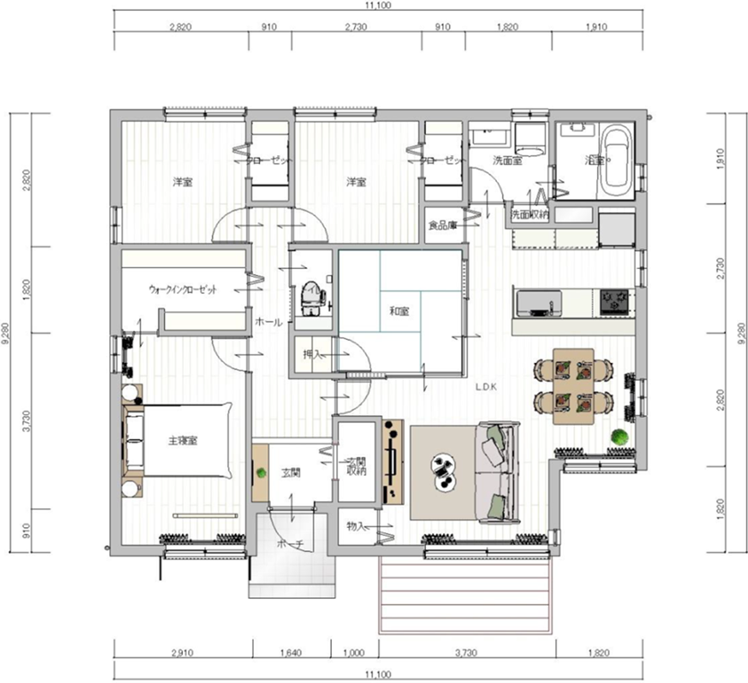 4LDKの平屋の間取り例