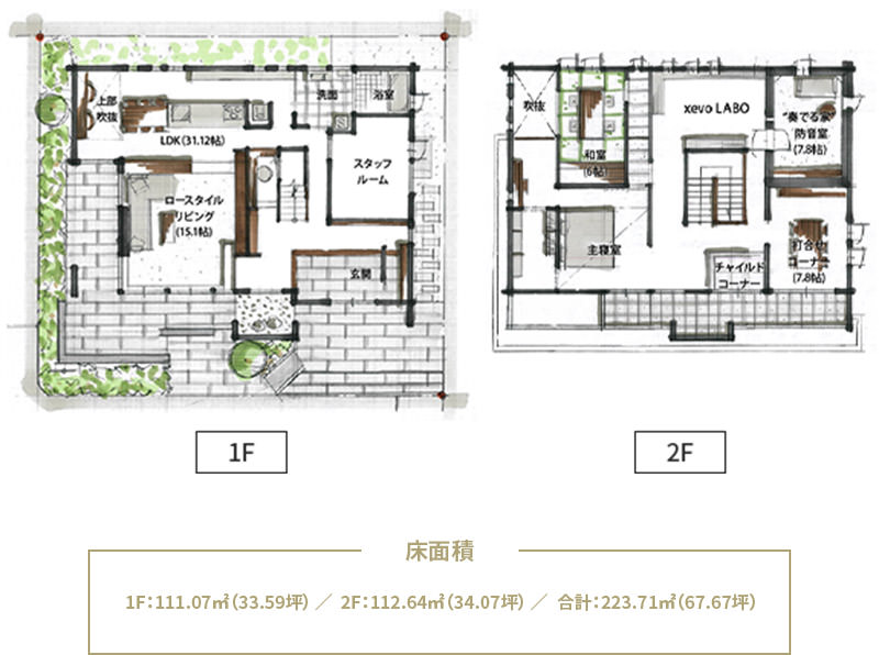 床面積…1F:111.07m²(33.59坪)/2F:112.64m²(34.07坪)/合計:223.71m²(67.67坪)