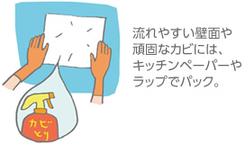 流れやすい壁面や頑固なカビには、キッチンペーパーやラップでパック。