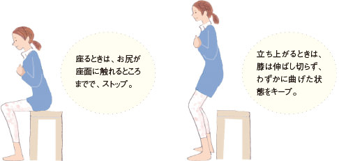 1.座るときは、お尻が座面に觸れるとこ。2.立ち上がるときは、膝は伸ばし切らず、わずかに曲げた狀態をキープ。