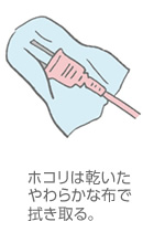 ホコリは乾いたやわらかな布で拭き取る。