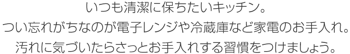 いつも清潔に保ちたいキッチン。つい忘れがちなのが電子レンジや冷蔵庫(kù)など家電のお手入れ。汚れに気づいたらさっとお手入れする習(xí)慣をつけましょう。