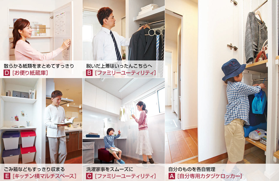 自分のものを各自管理【A】[自分専用カタヅケロッカー］　脫いだ上著はいったんこちらへ【B】[ファミリーユーティリティ］ 洗濯家事をスムーズに【C】[ファミリーユーティリティ］　散らかる紙類をまとめてすっきり【D】[お便り紙蔵庫(kù)］　ごみ箱などもすっきり収まる【E】[キッチン橫マルチスペース］