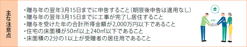 [主な注意點]?贈與年の翌年3月15日までに申告すること（期限後申告は適用なし）?贈與年の翌年3月15日までに工事が完了し居住すること?贈與を受けた年の合計所得金額が2,000萬円以下であること?住宅の床面積が50m&sup2;以上240m&sup2;以下であること?床面積の2分の1以上が受贈者の居住用であること
